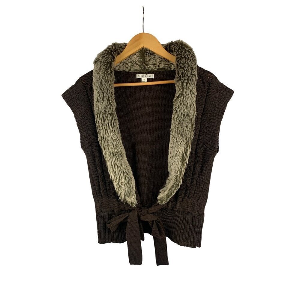 Brown Fur Trimmed Knit Vest XL By Global Access